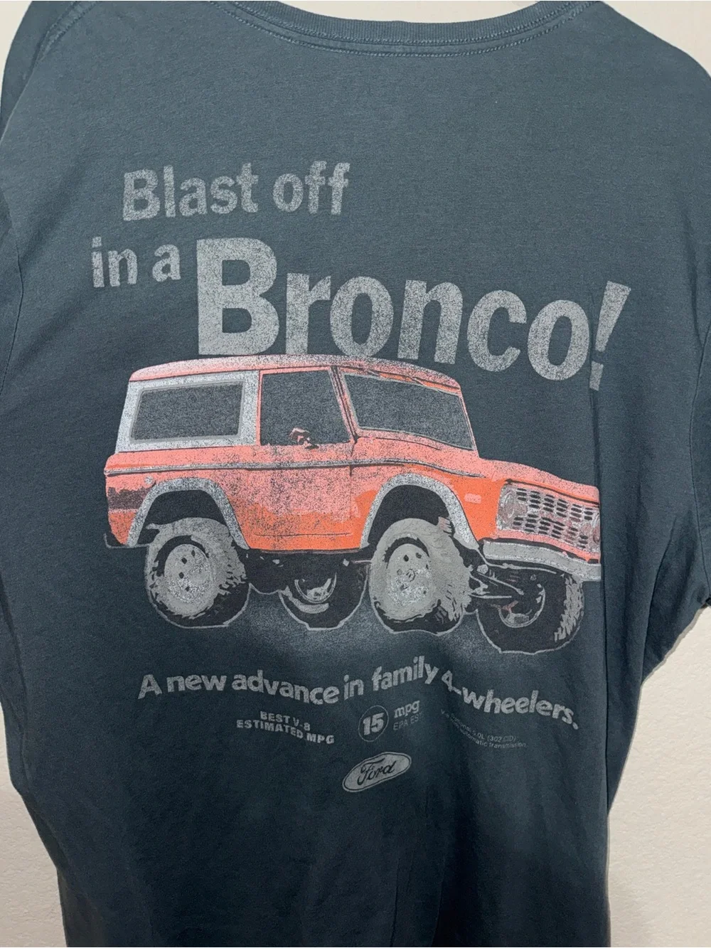 Ford Bronco Distressed Retro Ad Graphic Tee Charcoal Blue XXL